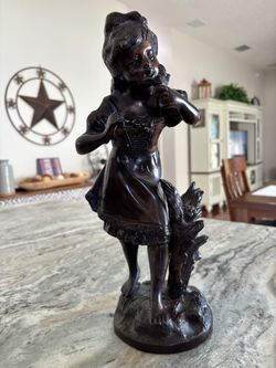 Vintage Victorian Style Art Nouveau Bronze-Style Metal 16" Statue - Young Girl with Bird