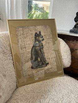 Framed Egyptain Hand Painted of Bastet the Cat Goddess on Genuine Papyrus