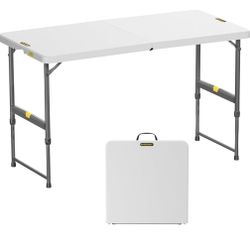Outdoor Folding Table 4 Foot, Effortless Quick Adjustable Height Foldable Small Card Table, Fixing Lock