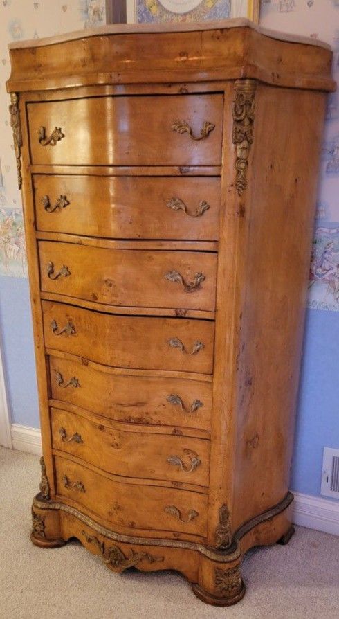 FRENCH EMPIRE ANTIQUE TALL BOY WOOD & GOLD ORMALU MARBLE TOP DRESSER