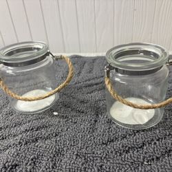 (2 Set) Hurricane Glass Candle Holders With Rope Candle Holders
