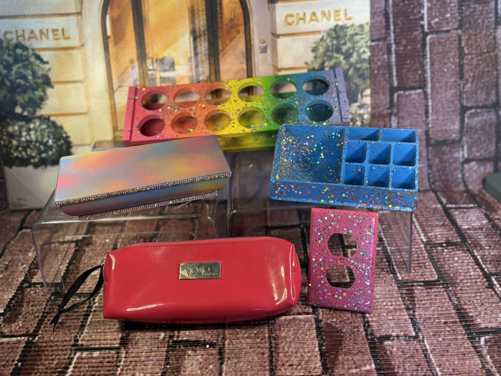 Rainbow Makeup Holders, Outlet Plate, Floating Shelf & Bag
