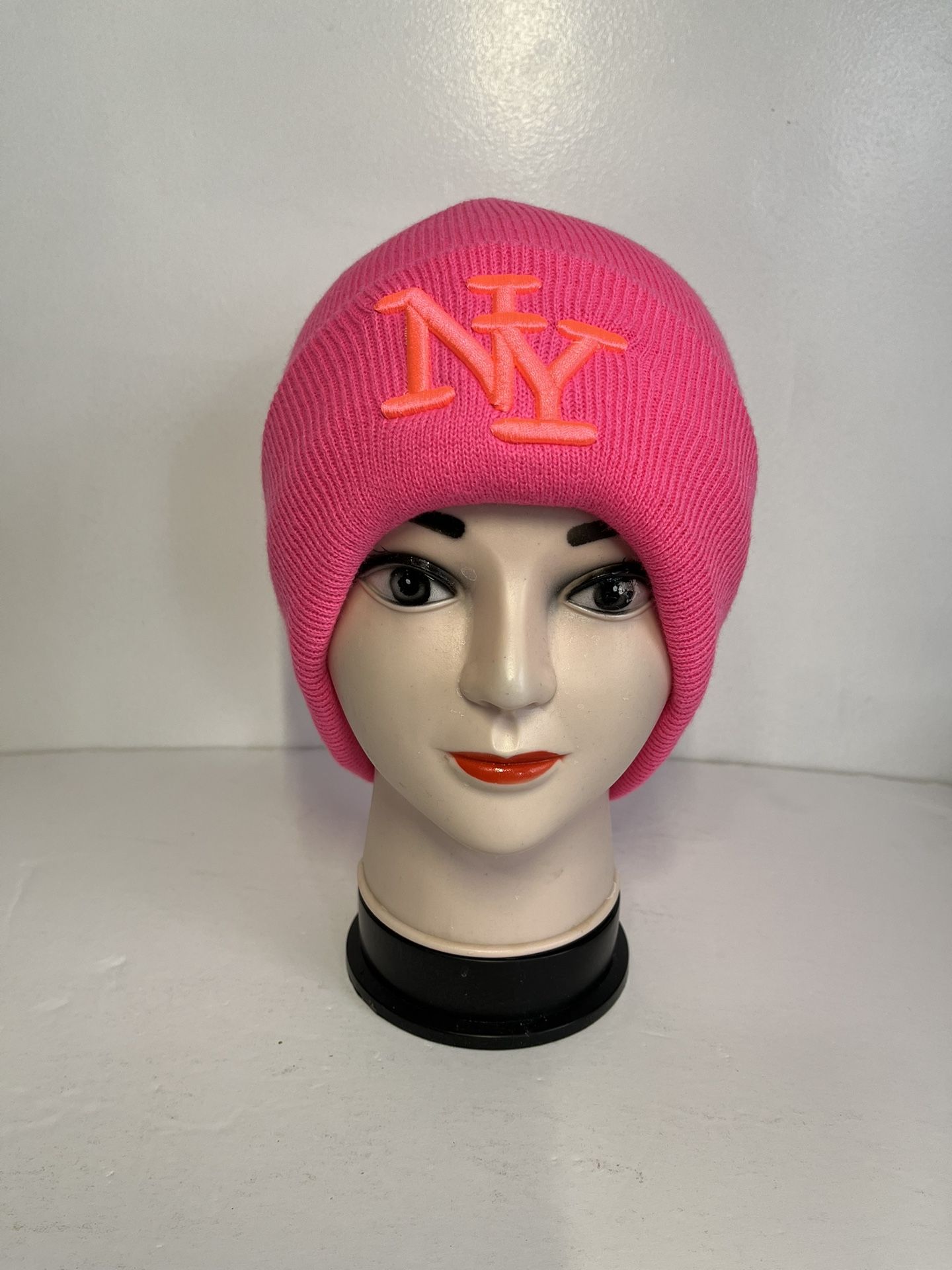 Embroidered NY Men Women Winter Knit Fur lined Beanie Hat - Fuchsia