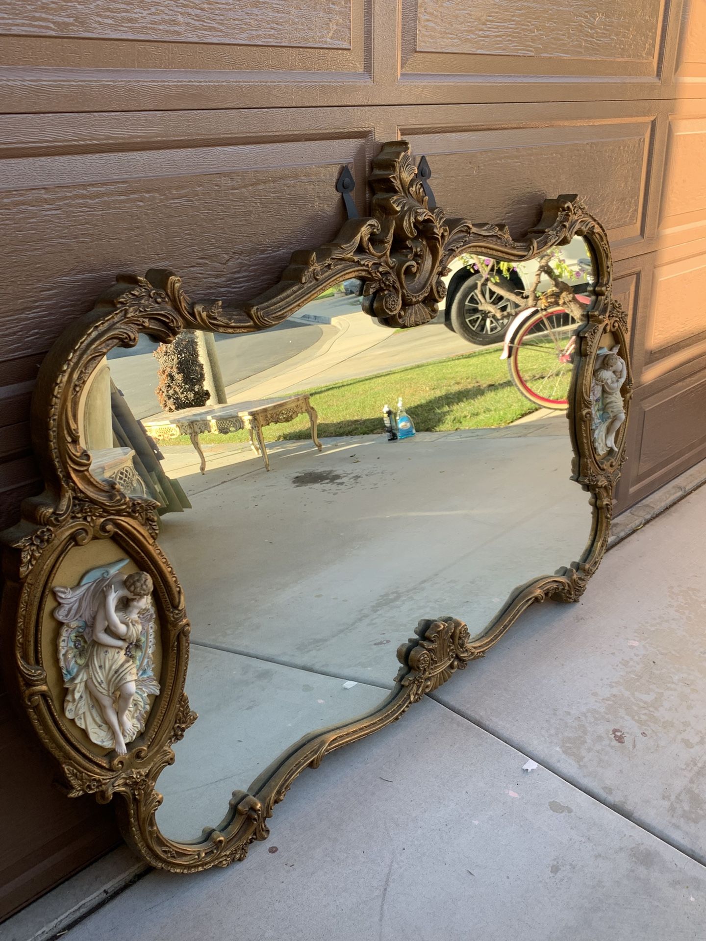 Vintage French Rococo Louis XV Style Wall Mirror with Capodimonte porcelain Figural Lovers Plaques. Antique French Rococo, Baroque Mirror.