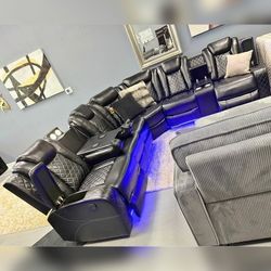 Power recliner sectional Black Leather with USB and Wireless chargers
