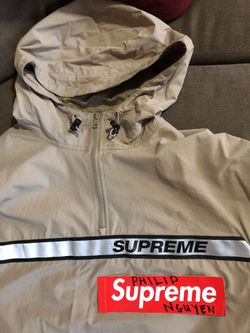 SS2018 Supreme Reflective Logo Taping Tape Hooded Pullover Tan