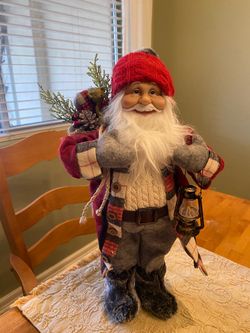 Santa doll with lantern / red knitted hat & sack with teddy bear . 16 inch tall. Christmas decor.