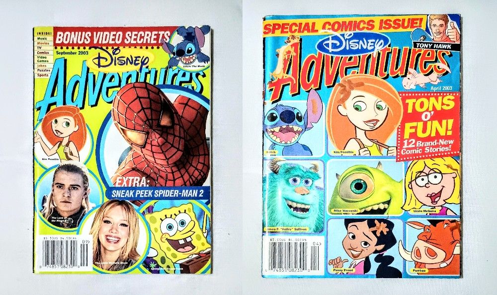 2 Disney Adventures Magazines 2003 | Tony Hawk, Kim Possible, SpongeBob, Stitch