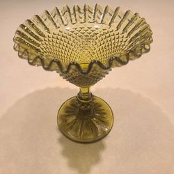 Vintage Indiana Green Glass Diamond Point Pedestal Dish 