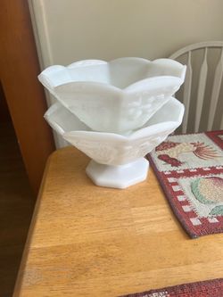 Vintage white glass scalloped pedestal bowls