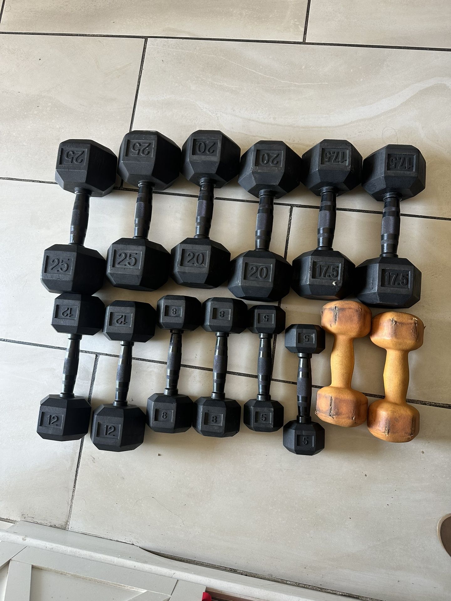 Pairs of 5-25 dumbbells weights 195lbs total selling all together !!