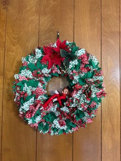 Vintage Handmade Christmas Fabric Rag Wreath Pixie Elf Poinsettia Door Decor