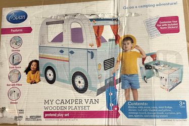 New- Wooden Play Camper Van Toy Set, w/ Steering Wheel, Kitchen Stove, Oven
