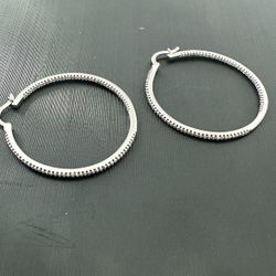 14k White Solid Gold With Diamonds Hoop Earrings 