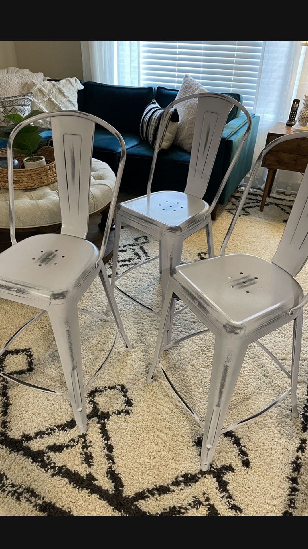Distressed Finished White Metal Bar Stools- Set of 3