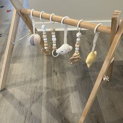 Foldable Wooden Baby Play Gym, Activity Center with 6 Sensory Hanging Toys Natural Wood