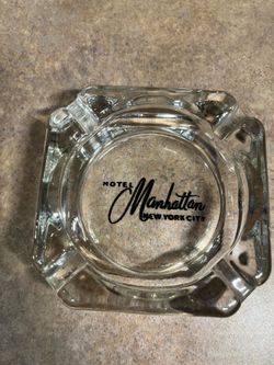 Vintage Hotel Manhattan New York City Square Thick Clear Glass Ashtray