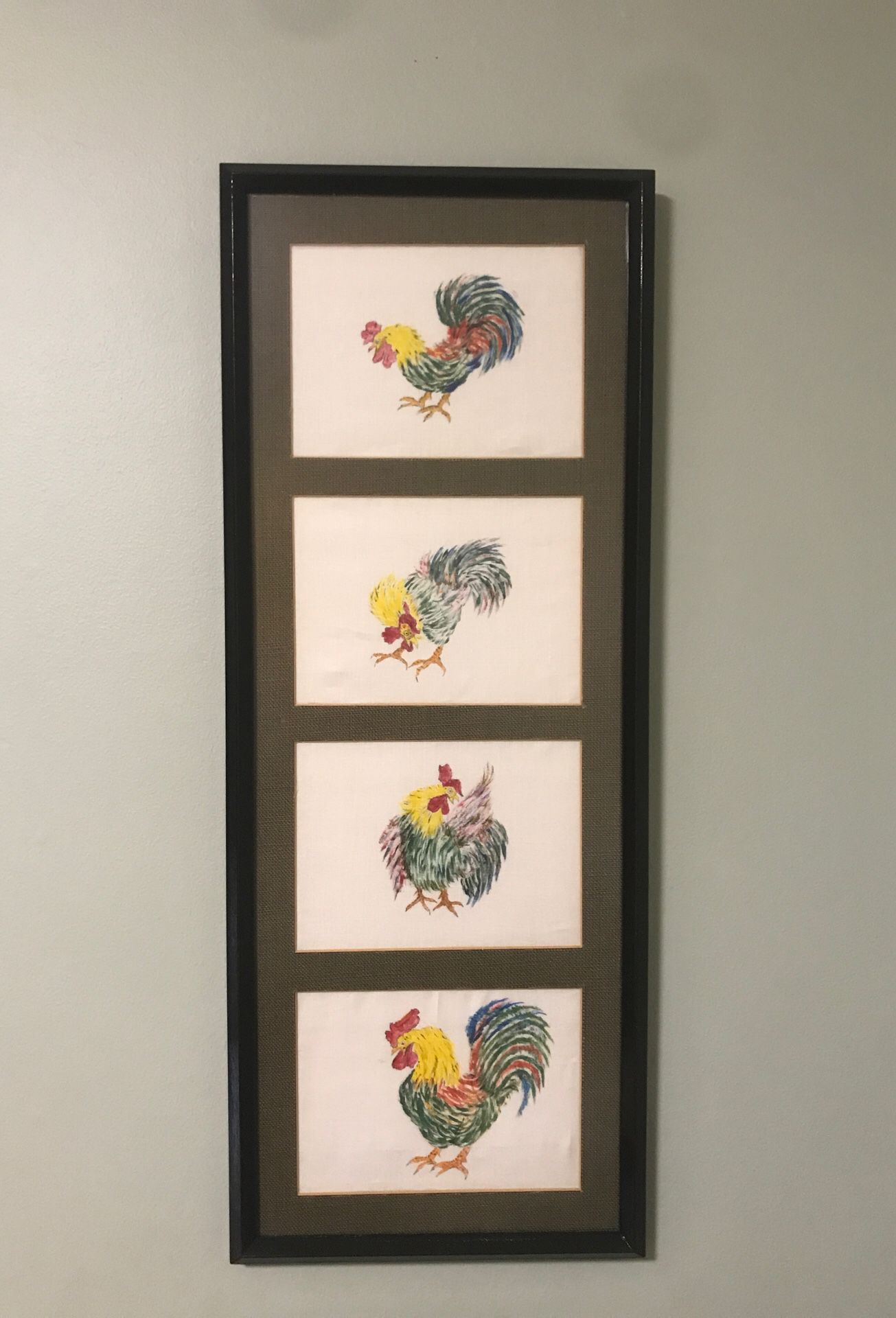 SET OF TWO FRAMED FABRIC DRAWN ROOSTERS