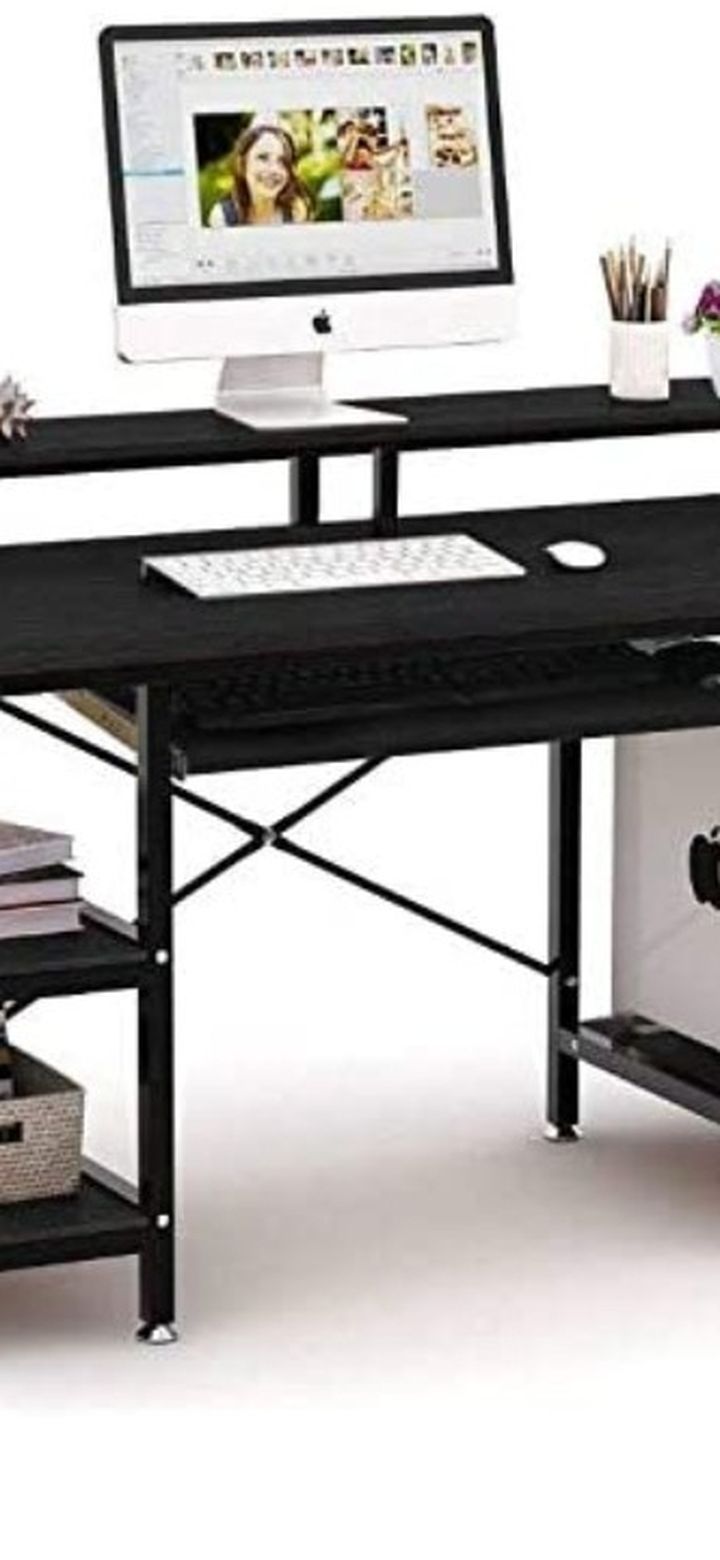 Computer Desk with Storage Shelves/Keyboard Tray/Monitor Stand Desk with Bookshelf Easy Assemble Study Table for Home Office (Black)