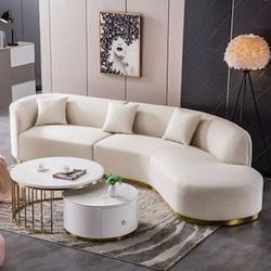 Brand New Boucle White Ivory Textured Fabric Sectional Sofa With Gold Trim 