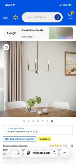 Brand new  16 in 3 Light Chandelier - Brushed Nickel Finish, Clear Glass Shades, Adjustable Height