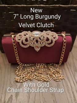 Brand New (No Tags) 7" Long Burgundy Velvet Clutch With Gold Chain Strap