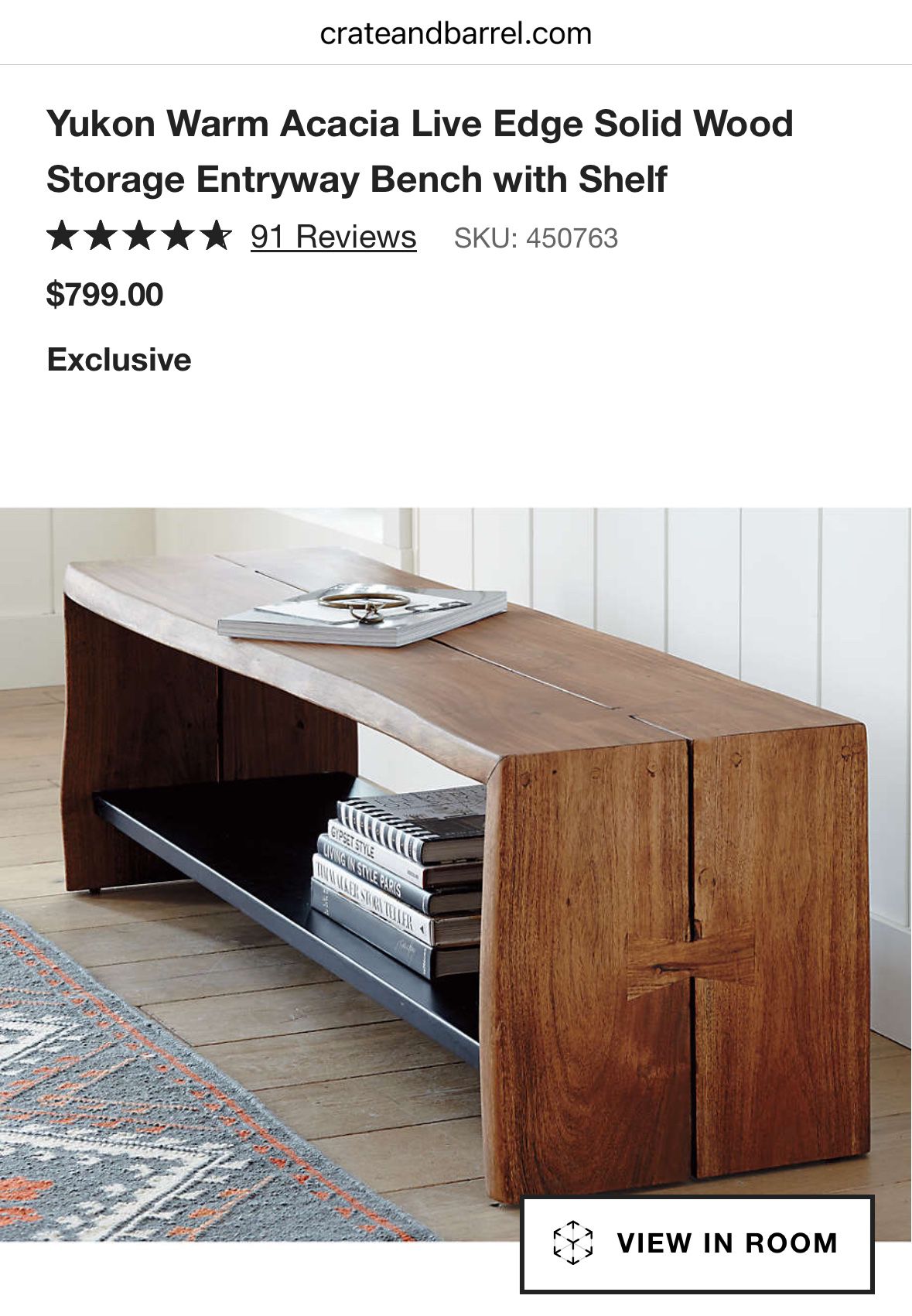 Crate And Barrel Yukon Warm Acacia Live Edge Solid Wood Storage Entryway Bench with Shelf