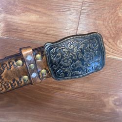 Brown Leather Belt With Reintones and Buckle 36” Long