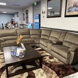 Brown Sofa Sectional w/ Wireless Charger & 3 Power Motion Recliners 
