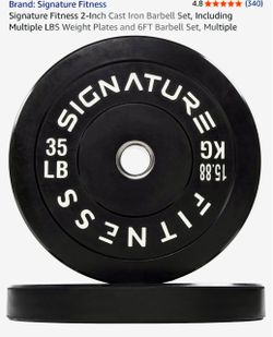A pair of 35-pound weight plates, made of 2-inch-thick rubber with steel-rimmed edges, in a solid color, suitable for strength training and home gym u