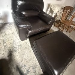 Oversized Brown Real Leather Armchair + Ottoman