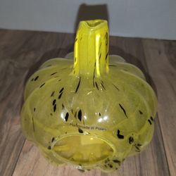 Smith & Hawken Candle Holder Yellow & Black Splatter Pumpkin Handmade In Poland. 7in tall. Has some wear from age and use also some wax inside.

