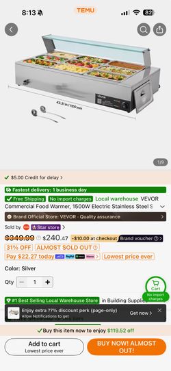 Vevor 9 pan / 8 Qt commercial food warmer