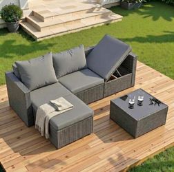 4 Pieces Patio Furniture Set, 2-in-1 Convertible Sectional Sofa & Chaise Lounge, All-Weather Wicker