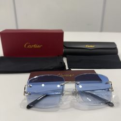 Cartier Glasses (Diamond Cut), Blue Lense, Silver Frame