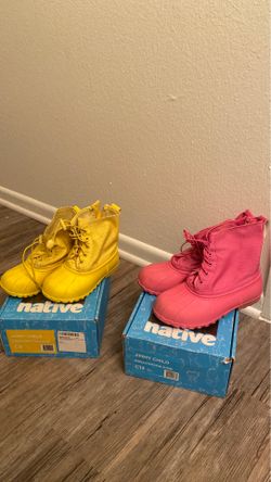 Native rain boots for kids. Pink kids 13 yellow kids 9