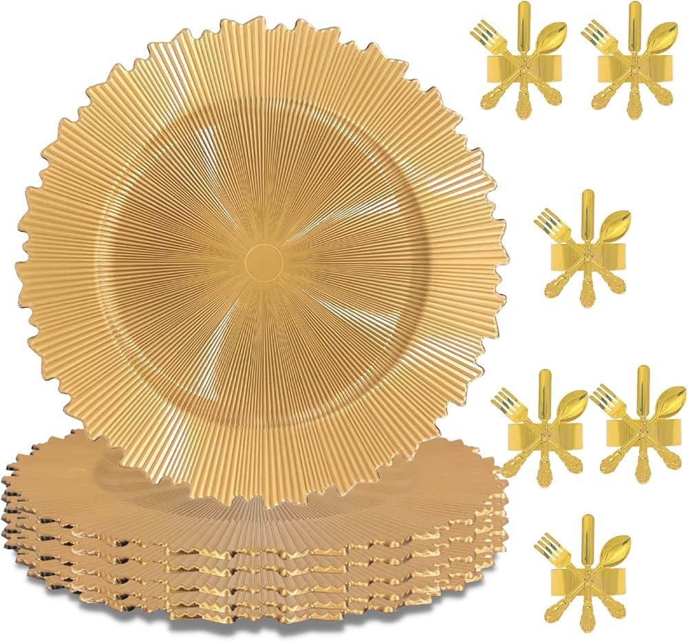 13” GOLD ANTLERS Gold Charger Plates and Gold Napkin Rings - Set of 6 - for Dinner, Wedding, Event, Conferences, Decoration