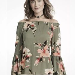 NEW WHBM Arya off shoulder military green peach floral bell sleeve blouse sz L.