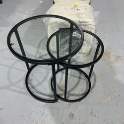 M-New Round Nesting End Table Set of 2,Stacking Side Tables,Coffee Tables Set w/Metal Frame & Glass Top & Protective Foot Pads for Small Space, Living