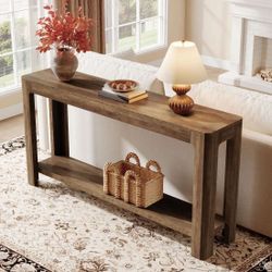 63" Console Table, Narrow 2-Tier Sofa Table Accent Entrance Console, RUSTIC BROWN