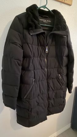 Women's Black Quilted Stretch Long Puffer Jacket Fur Collar, Andrew Marc, Size Large