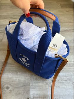 NWT Tory Burch Blue Canvas Tote with Leather Strap