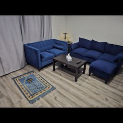 Blue Velvet Sofa Set – 2 Couches – Excellent Condition