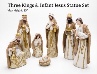 15” 7-Piece Resin Nativity Set with Gold Accents - Elegant Christmas Manger Scene