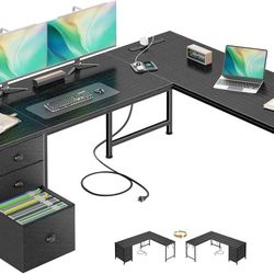 Furologee 63" L Shaped Computer Desk with Power Outlet & USB-C Port, Reversible Home Office Desk with 2 Drawers, File Cabinet, Hooks, Large Corner Tab