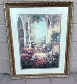 Large Framed Tuscan Garden Wall Art – Elegant Gold Ornate Frame