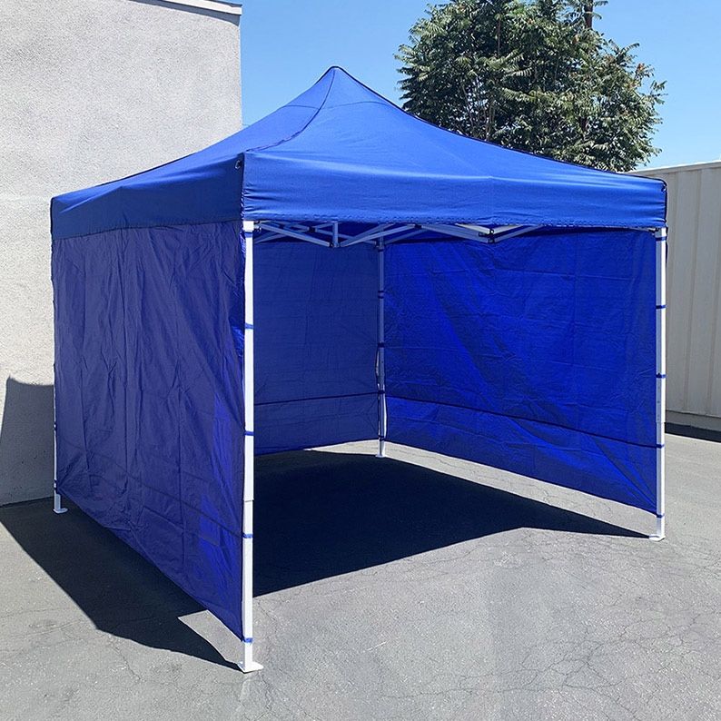(New in box) $130 Heavy Duty 10x10ft Popup Canopy with 3 Sidewalls, White/Blue