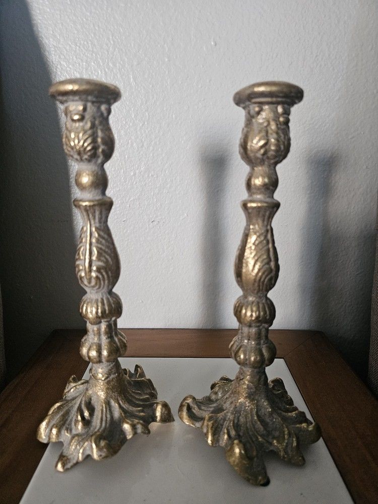 Antique Matching Pair of Gold Brass Metal Candlestick