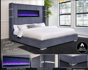King Upholstered Platform Bed with Built-In Electric Fireplace