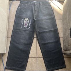 rare vintage y2k playerz69 southpole like faded jeans with virgin mary/guadalupe embroidery 